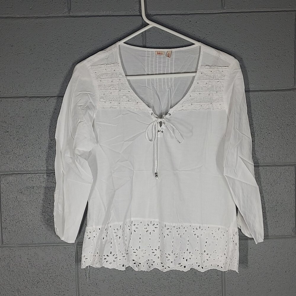 Reba White Eyelet Lace & Silver Beaded Blouse Top - Small